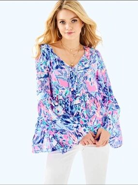 Lilly Pulitzer Womens Small Kahli Top Blue Pink Tropical Floral Bell Long Sleeve